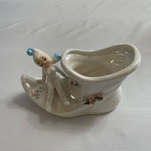 Lefton Pixie Fairy Elf Iridescent Luster Elf Boot Shoe Planter 6” X 4 Vtg Japan - Picture 2 of 9
